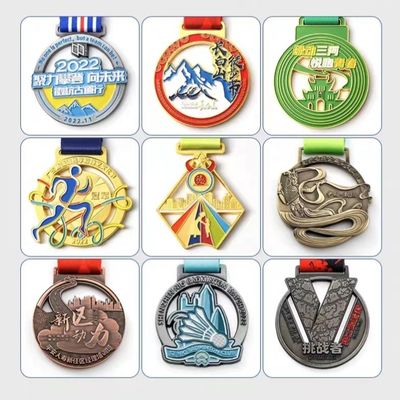 Custom Sport Medal with Enamel Color Ribbon Attachment and Antique Finish for Awards