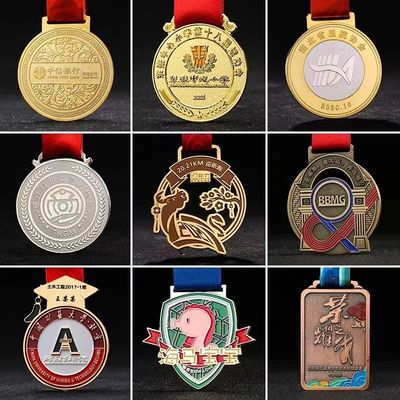 Custom Sport Medal with Enamel Color Ribbon Attachment and Antique Finish for Awards