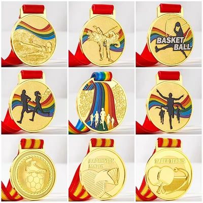 Custom Sport Medal with Enamel Color Ribbon Attachment and Antique Finish for Awards