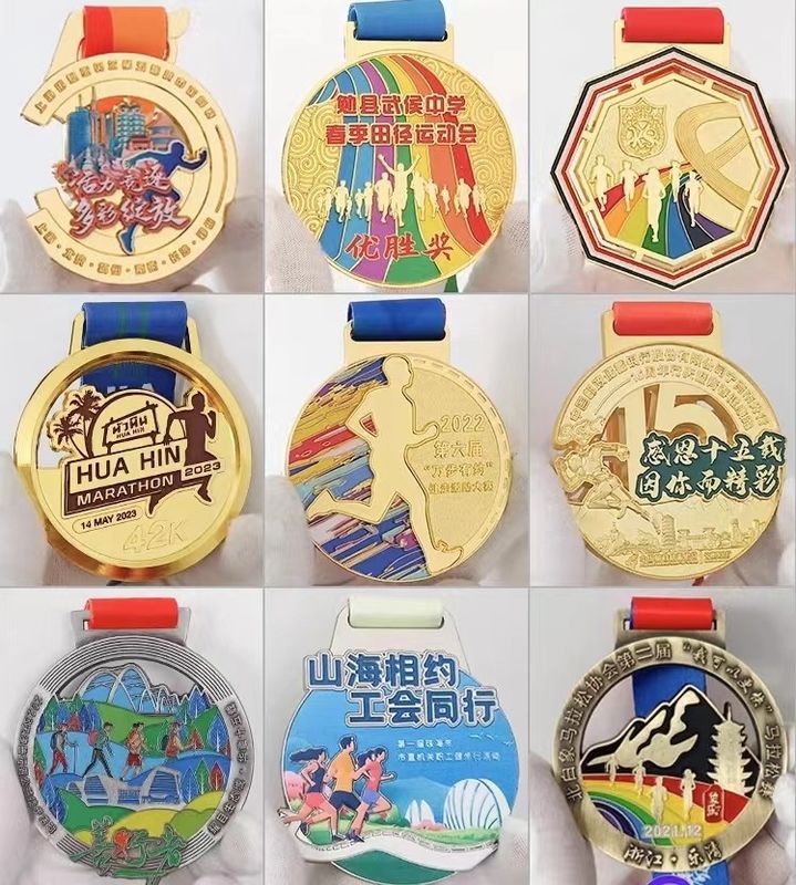 Custom Sport Medal with Enamel Color Ribbon Attachment and Antique Finish for Awards