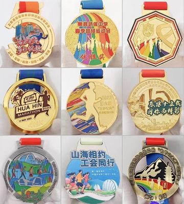 Custom Sport Medal with Enamel Color Ribbon Attachment and Antique Finish for Awards